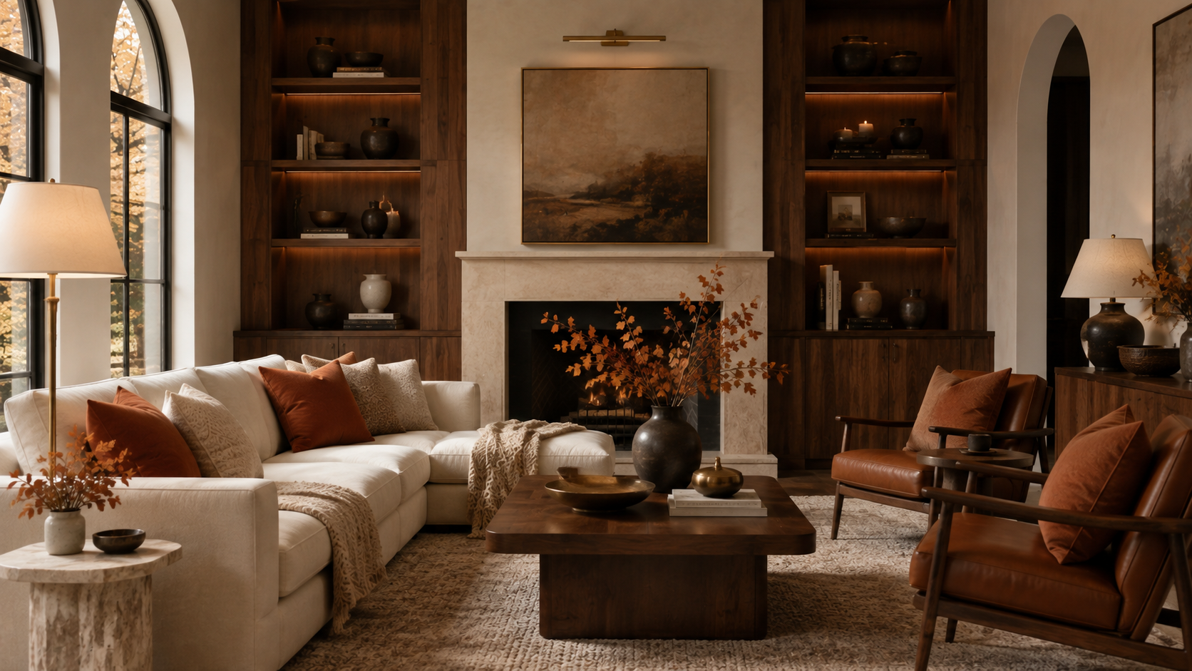 High-end fall living room with walnut cabinetry, cream upholstery, persimmon textiles and brass accents
